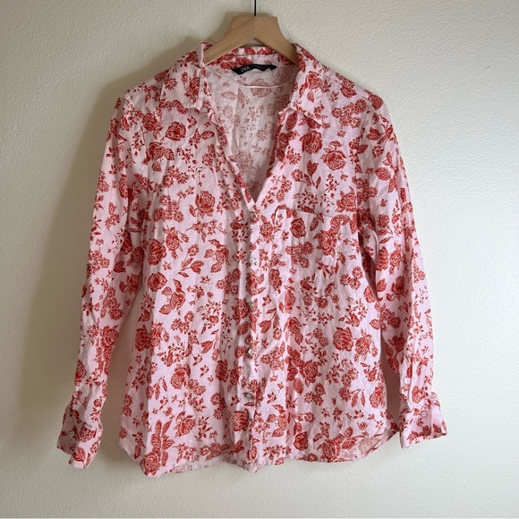 Zara Floral Linen Women's Long Sleeve Button Up Top Large - Picture 1 of 3